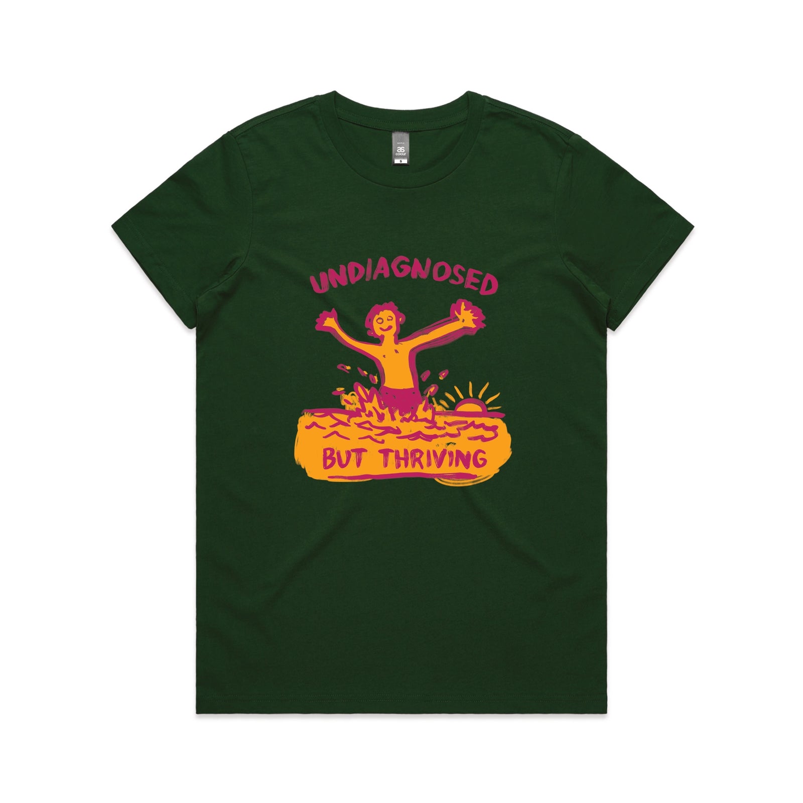 Forest Green fitted womens t-shirt with Undiagnosed But Thriving graphic by Lonely Kids Club