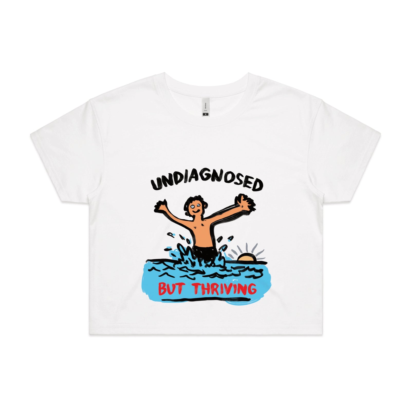 White crop top with Undiagnosed But Thriving graphic by Lonely Kids Club