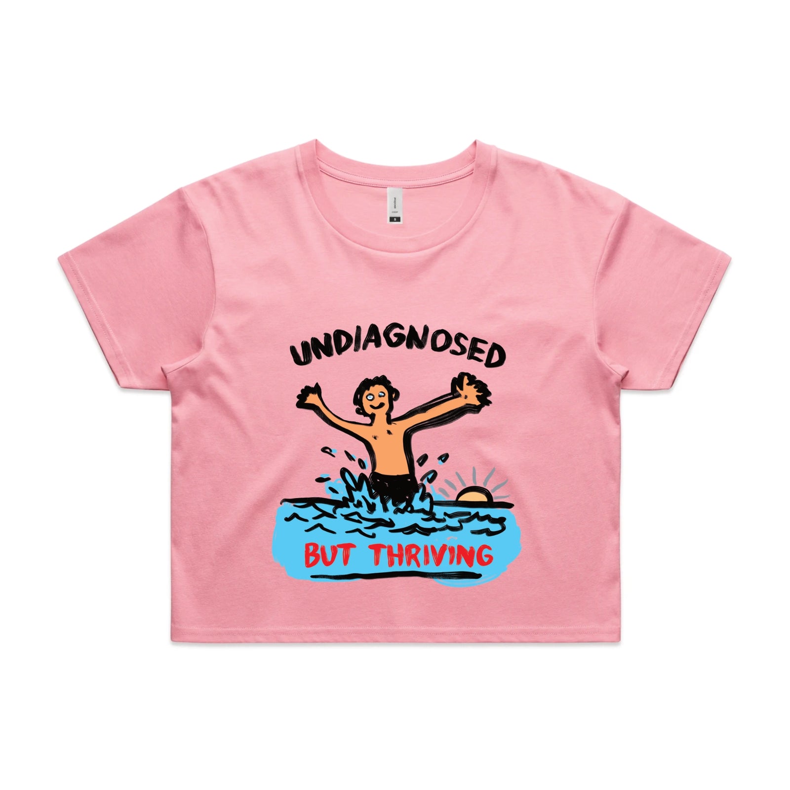 Bubblegum crop top with Undiagnosed But Thriving graphic by Lonely Kids Club