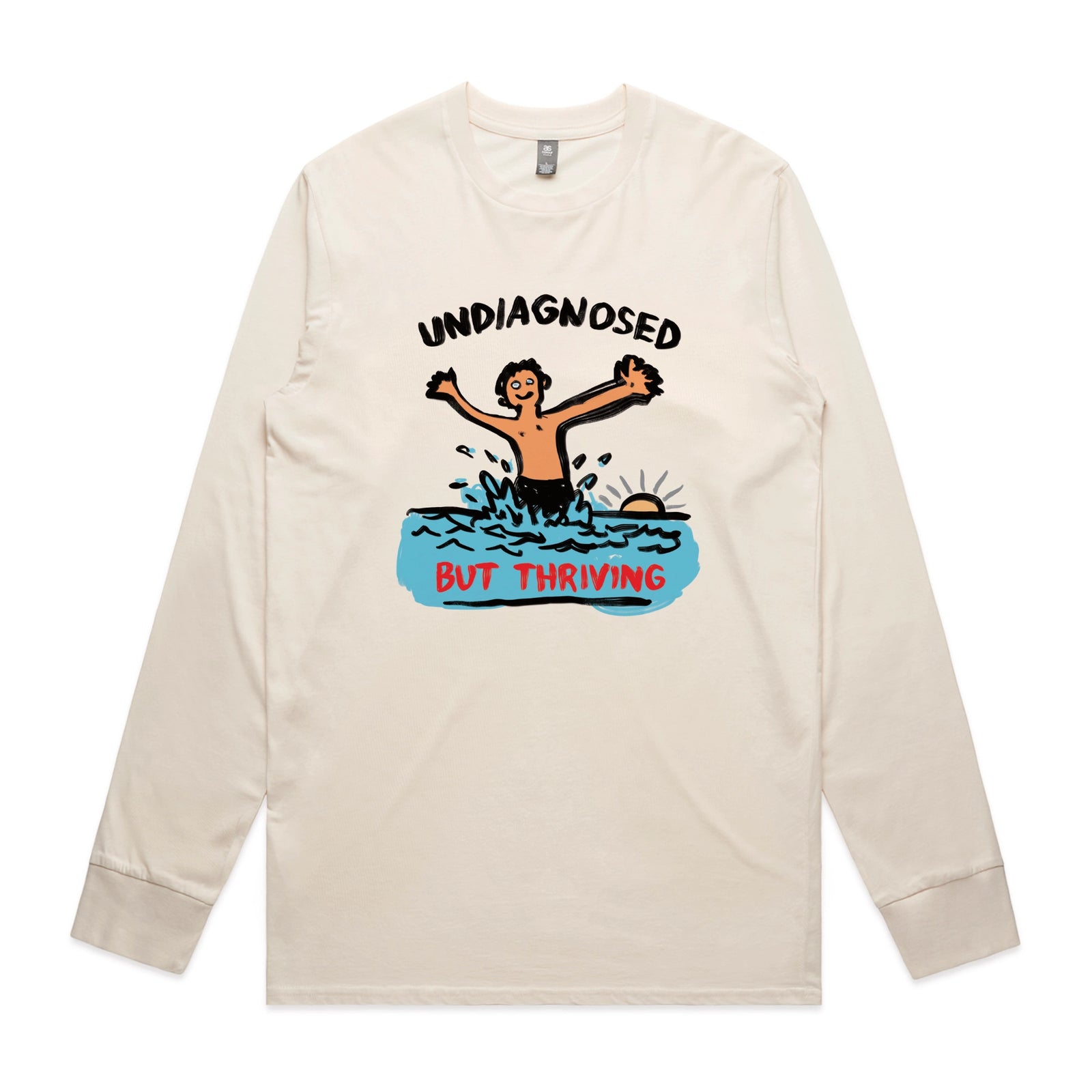 Ecru long sleeve t-shirt with Undiagnosed But Thriving graphic by Lonely Kids Club