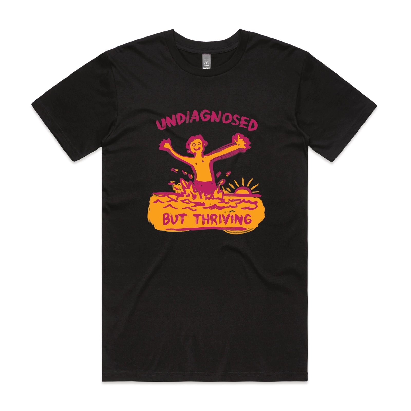 Black unisex t-shirt with Undiagnosed But Thriving graphic by Lonely Kids Club