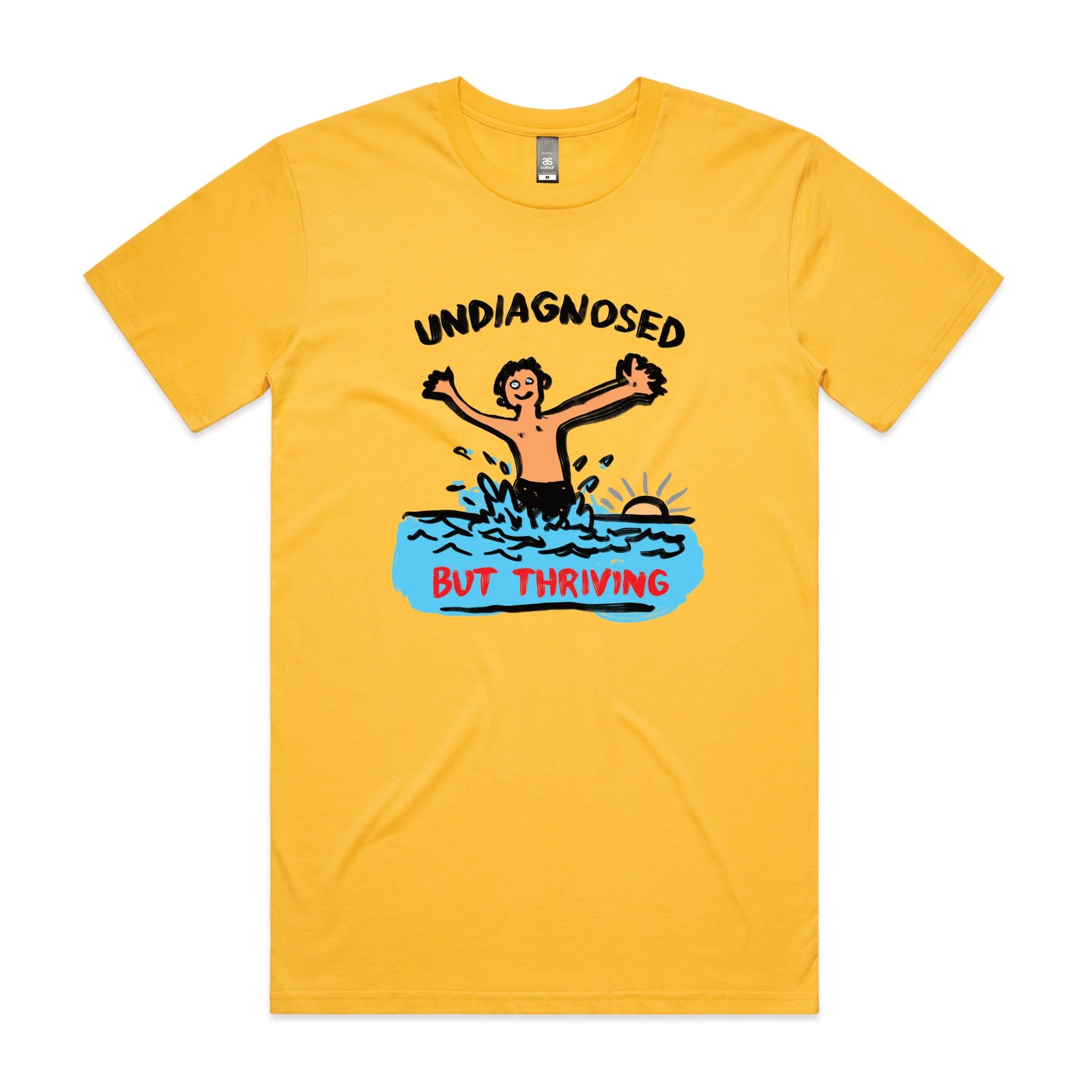 Yellow unisex t-shirt with Undiagnosed But Thriving graphic by Lonely Kids Club