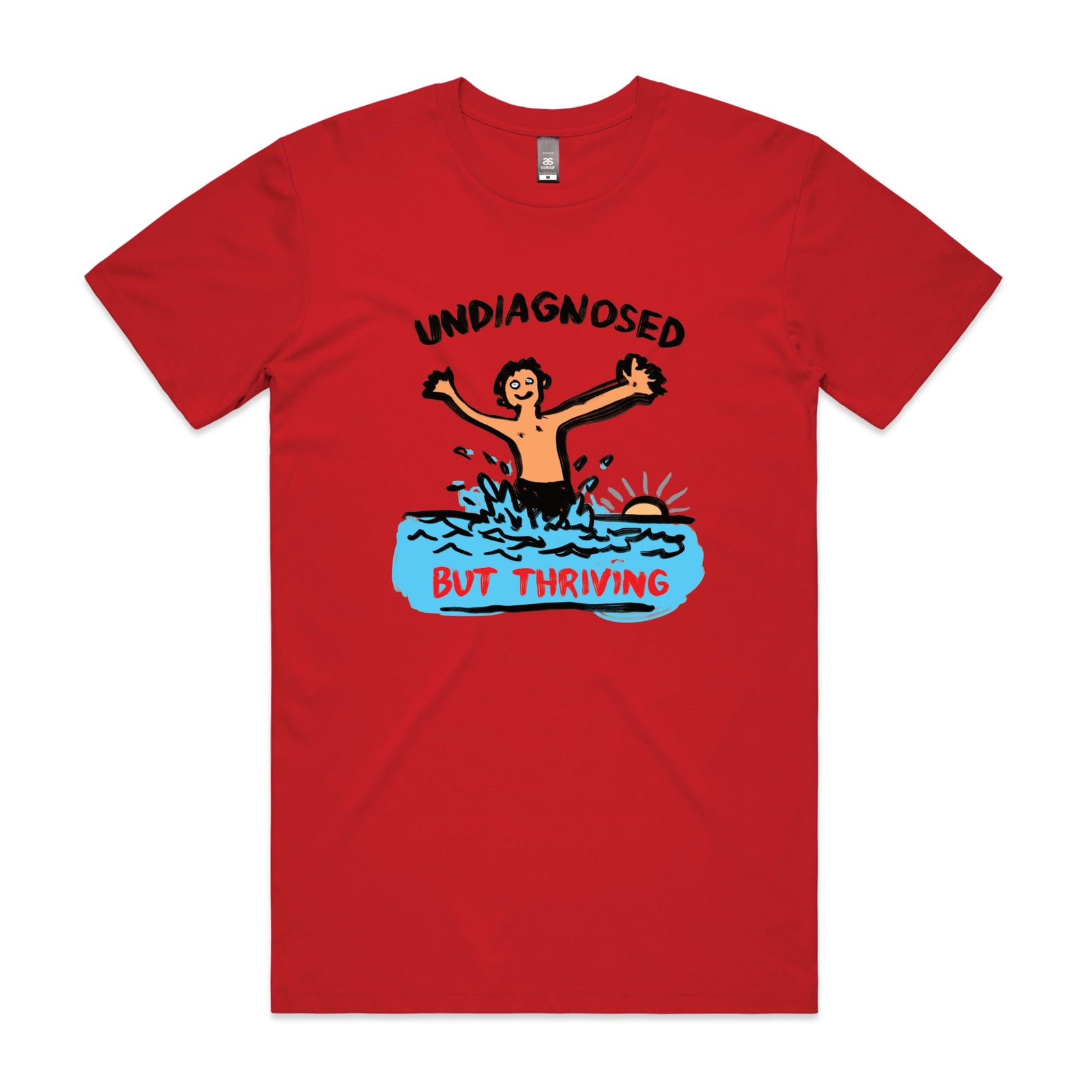 Red unisex t-shirt with Undiagnosed But Thriving graphic by Lonely Kids Club