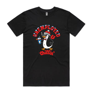 Unemployed & Chillin' Tee by Lonely Kids Club. All clothing from our T-shirts to our shorts and hoodies are ethically made, and printed packed and shipped from Sydney.