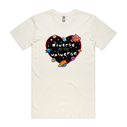 Diverse As The Universe Tee by Lonely Kids Club. All clothing from our T-shirts to our shorts and hoodies are ethically made, and printed packed and shipped from Sydney.
