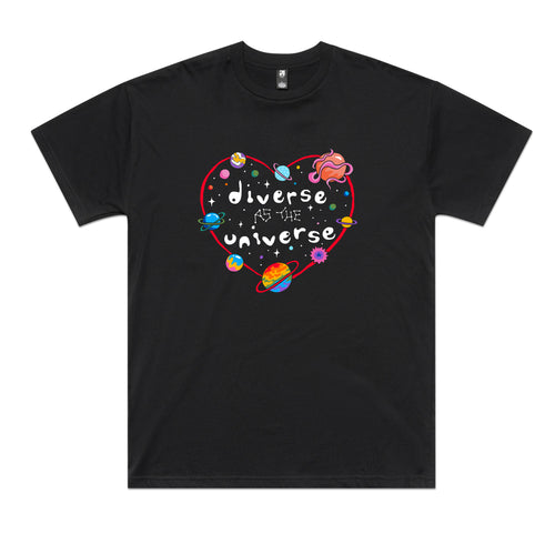 Diverse As The Universe Tee by Lonely Kids Club. All clothing from our T-shirts to our shorts and hoodies are ethically made, and printed packed and shipped from Sydney.