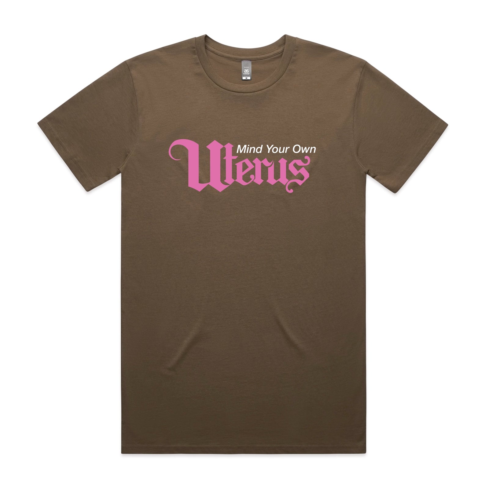Walnut unisex t-shirt with Mind Your Own Uterus graphic by Lonely Kids Club