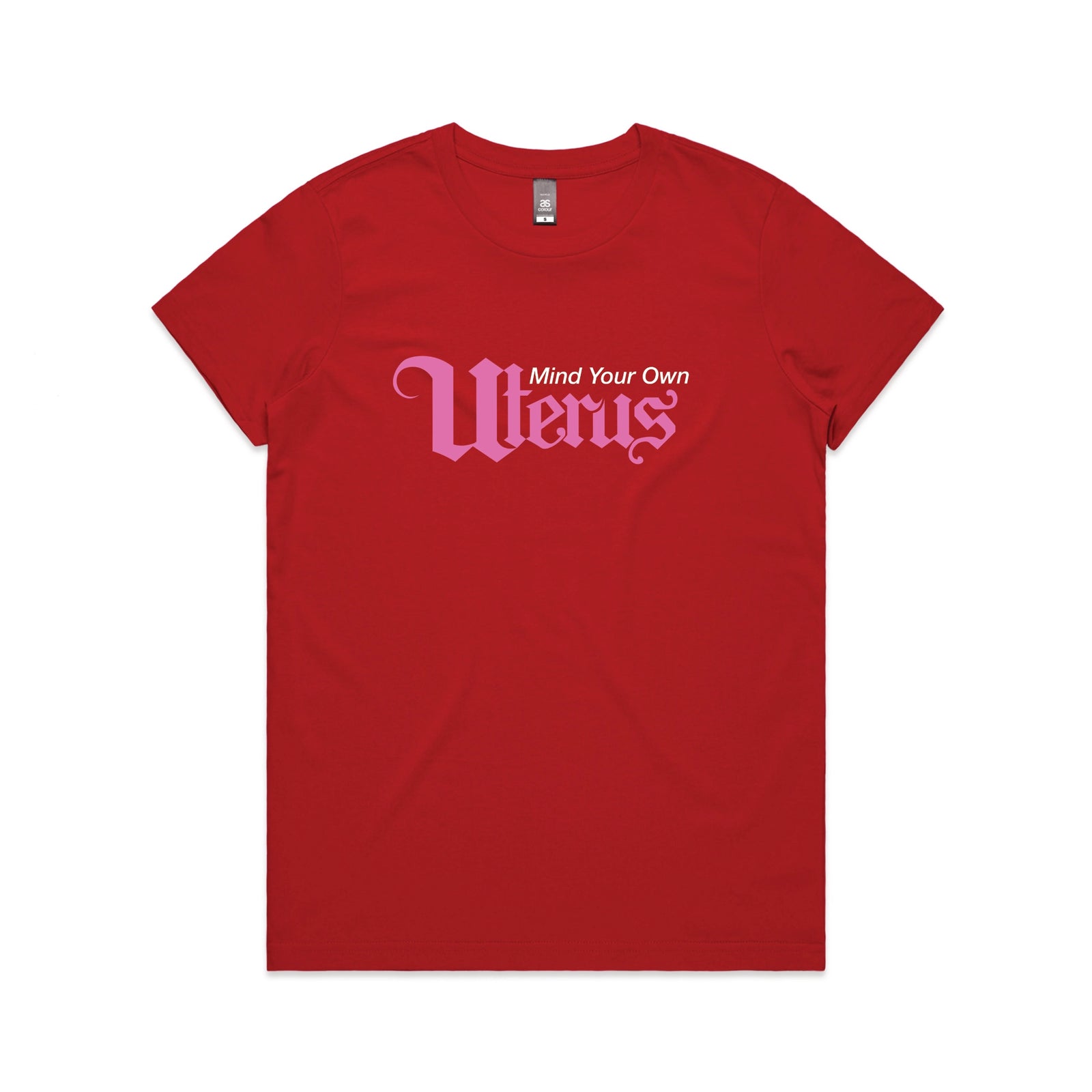 Red fitted womens t-shirt with Mind Your Own Uterus graphic by Lonely Kids Club