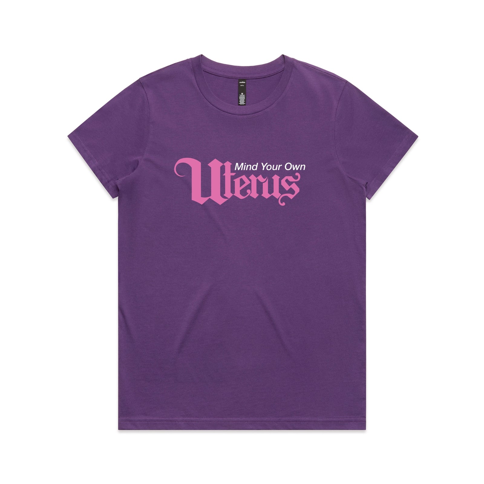 Purple fitted womens t-shirt with Mind Your Own Uterus graphic by Lonely Kids Club