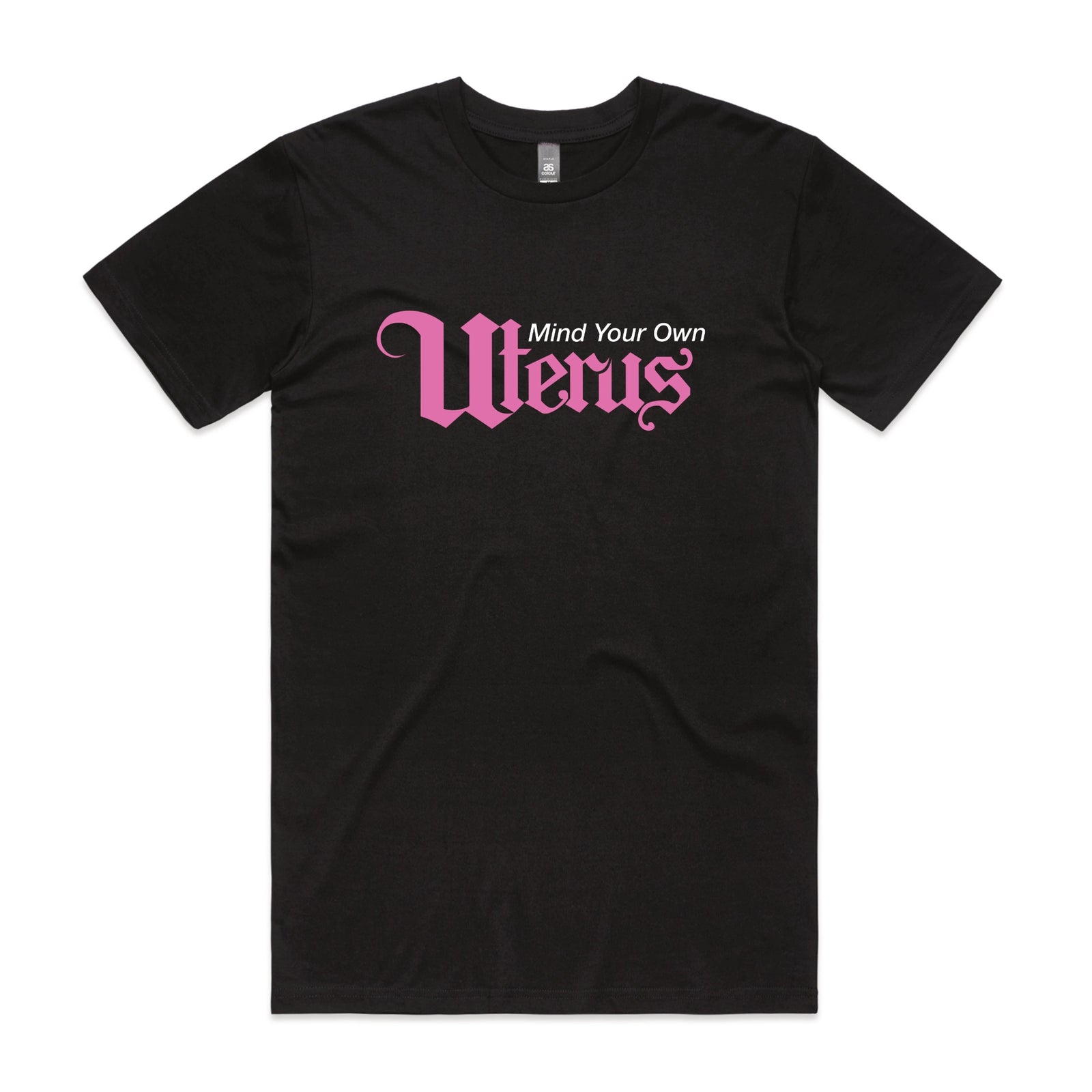 Black unisex t-shirt with Mind Your Own Uterus graphic by Lonely Kids Club