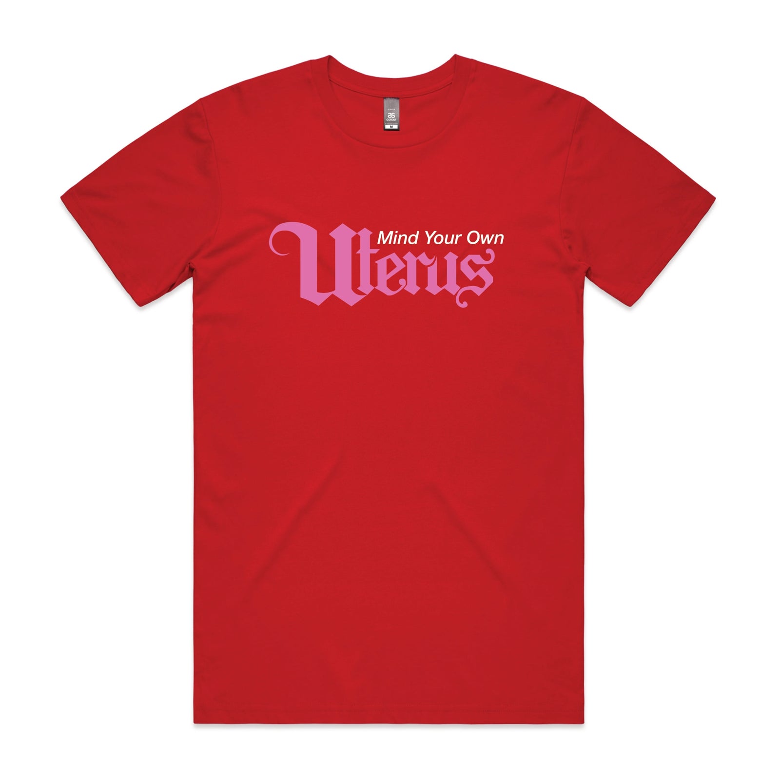 Red unisex t-shirt with Mind Your Own Uterus graphic by Lonely Kids Club