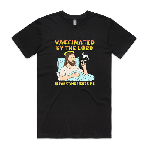 Vaccinated By The Lord Tee by Lonely Kids Club. All clothing from our T-shirts to our shorts and hoodies are ethically made, and printed packed and shipped from Sydney.