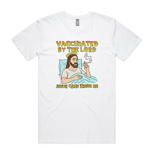 Vaccinated By The Lord Tee by Lonely Kids Club. All clothing from our T-shirts to our shorts and hoodies are ethically made, and printed packed and shipped from Sydney.