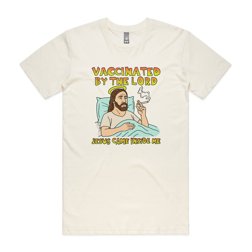 Vaccinated By The Lord Tee by Lonely Kids Club. All clothing from our T-shirts to our shorts and hoodies are ethically made, and printed packed and shipped from Sydney.