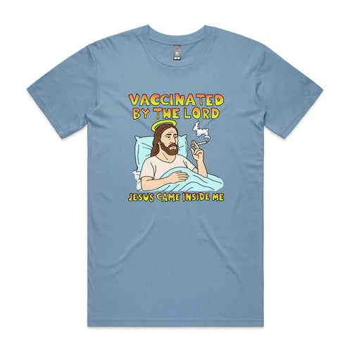 Vaccinated By The Lord Tee by Lonely Kids Club. All clothing from our T-shirts to our shorts and hoodies are ethically made, and printed packed and shipped from Sydney.
