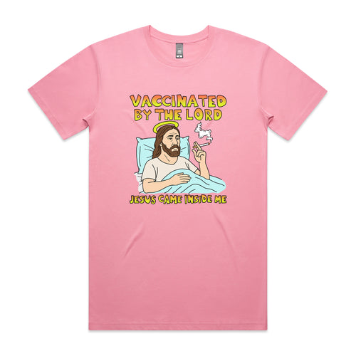 Vaccinated By The Lord Tee by Lonely Kids Club. All clothing from our T-shirts to our shorts and hoodies are ethically made, and printed packed and shipped from Sydney.