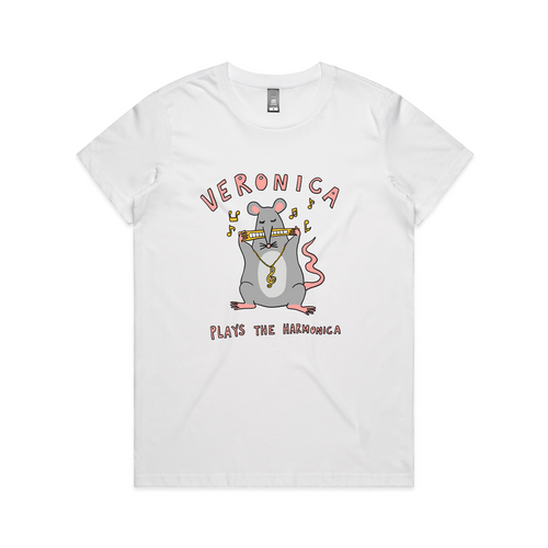 Veronica Plays The Harmonica Tee by Lonely Kids Club. All clothing from our T-shirts to our shorts and hoodies are ethically made, and printed packed and shipped from Sydney.