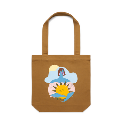 Warm Hug Tote by Lonely Kids Club. All clothing from our T-shirts to our shorts and hoodies are ethically made, and printed packed and shipped from Sydney.