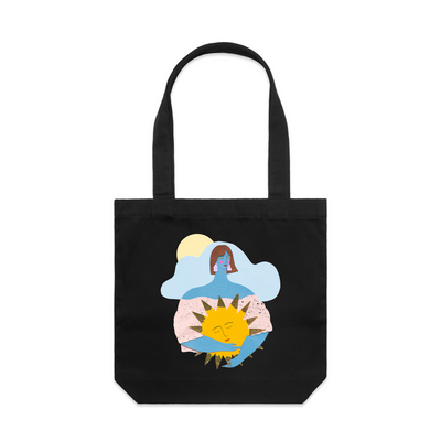 Warm Hug Tote by Lonely Kids Club. All clothing from our T-shirts to our shorts and hoodies are ethically made, and printed packed and shipped from Sydney.