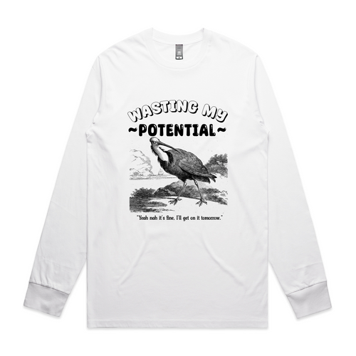Wasting My Potential Tee by Lonely Kids Club. All clothing from our T-shirts to our shorts and hoodies are ethically made, and printed packed and shipped from Sydney.