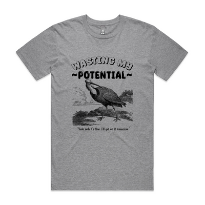 Wasting My Potential Tee by Lonely Kids Club. All clothing from our T-shirts to our shorts and hoodies are ethically made, and printed packed and shipped from Sydney.