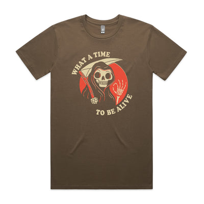 What A Time To Be Alive Tee by Lonely Kids Club. All clothing from our T-shirts to our shorts and hoodies are ethically made, and printed packed and shipped from Sydney.