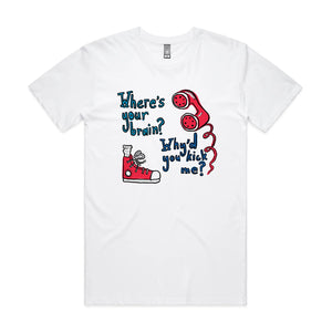 Where's Your Brain? Tee by Lonely Kids Club. All clothing from our T-shirts to our shorts and hoodies are ethically made, and printed packed and shipped from Sydney.