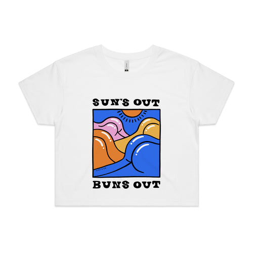 Suns Out Buns Out Tee by Lonely Kids Club. All clothing from our T-shirts to our shorts and hoodies are ethically made, and printed packed and shipped from Sydney.