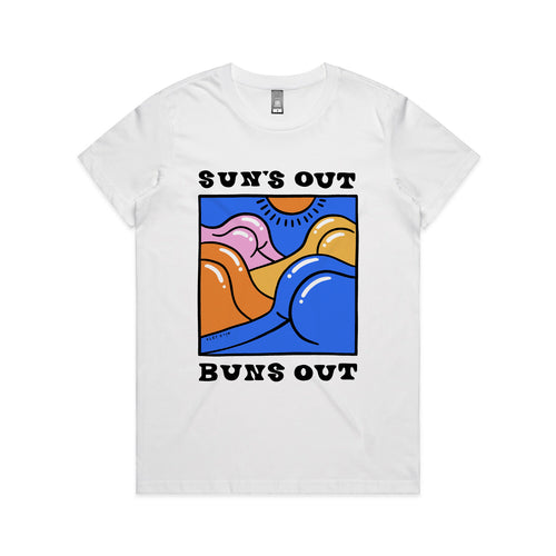 Suns Out Buns Out Tee by Lonely Kids Club. All clothing from our T-shirts to our shorts and hoodies are ethically made, and printed packed and shipped from Sydney.