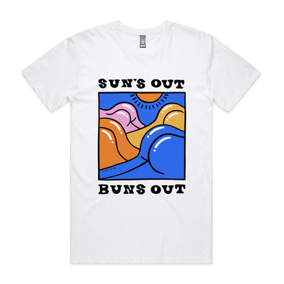 Suns Out Buns Out Tee by Lonely Kids Club. All clothing from our T-shirts to our shorts and hoodies are ethically made, and printed packed and shipped from Sydney.