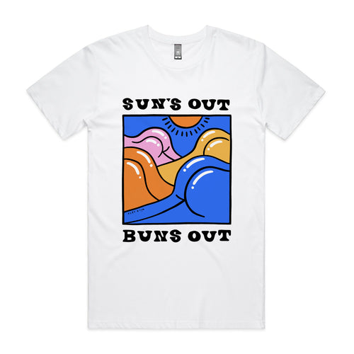 Suns Out Buns Out Tee by Lonely Kids Club. All clothing from our T-shirts to our shorts and hoodies are ethically made, and printed packed and shipped from Sydney.