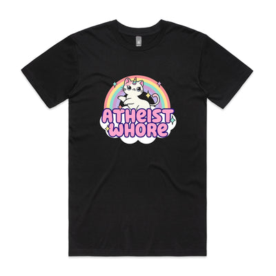 Atheist Whore Tee by Lonely Kids Club. All clothing from our T-shirts to our shorts and hoodies are ethically made, and printed packed and shipped from Sydney.