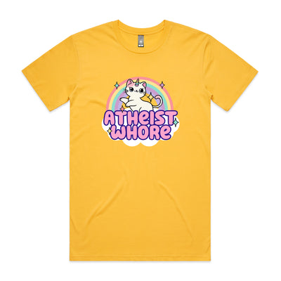 Atheist Whore Tee by Lonely Kids Club. All clothing from our T-shirts to our shorts and hoodies are ethically made, and printed packed and shipped from Sydney.
