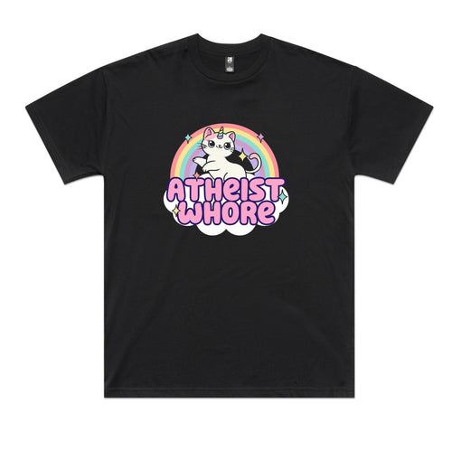 Atheist Whore Tee by Lonely Kids Club. All clothing from our T-shirts to our shorts and hoodies are ethically made, and printed packed and shipped from Sydney.