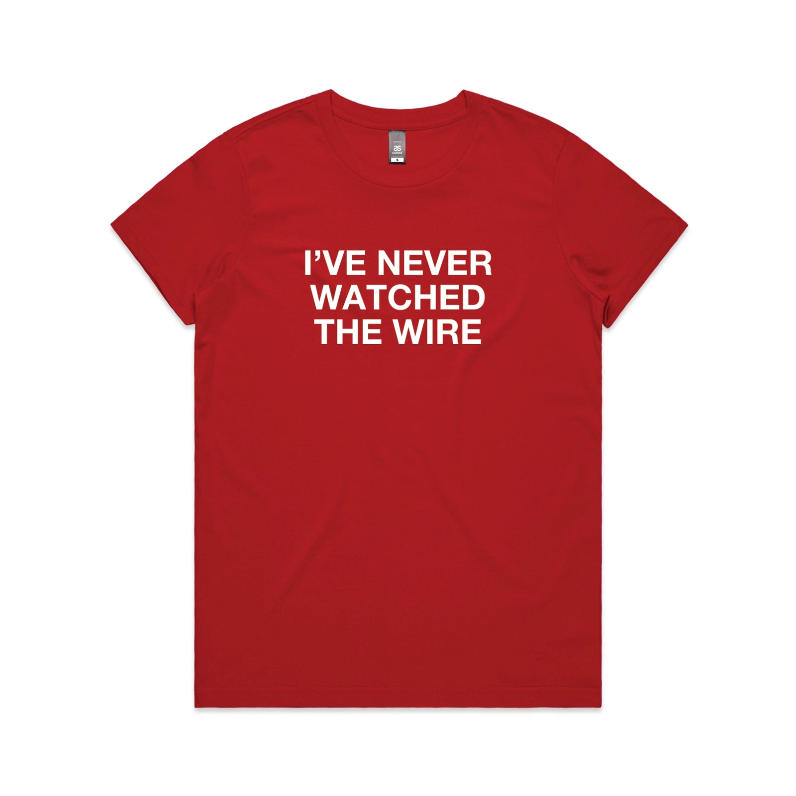 Red fitted womens t-shirt with The Wire TV graphic by Lonely Kids Club