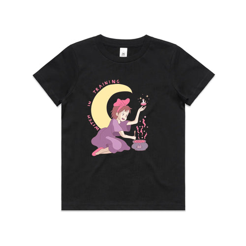 Witch In Training Kids Tee by Lonely Kids Club. All clothing from our T-shirts to our shorts and hoodies are ethically made, and printed packed and shipped from Sydney.