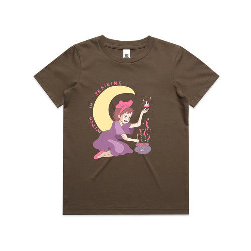 Witch In Training Kids Tee by Lonely Kids Club. All clothing from our T-shirts to our shorts and hoodies are ethically made, and printed packed and shipped from Sydney.
