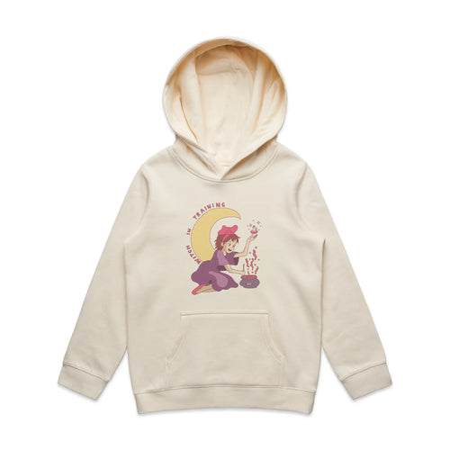 Witch In Training Kids Hoodie by Lonely Kids Club. All clothing from our T-shirts to our shorts and hoodies are ethically made, and printed packed and shipped from Sydney.