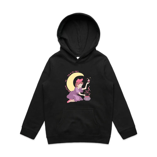 Witch In Training Kids Hoodie by Lonely Kids Club. All clothing from our T-shirts to our shorts and hoodies are ethically made, and printed packed and shipped from Sydney.