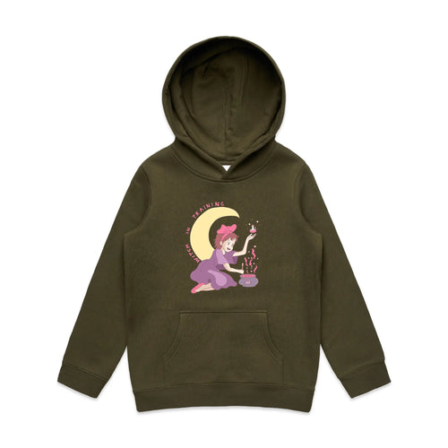 Witch In Training Kids Hoodie by Lonely Kids Club. All clothing from our T-shirts to our shorts and hoodies are ethically made, and printed packed and shipped from Sydney.