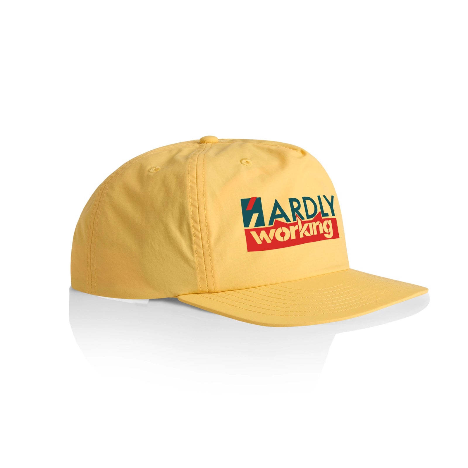 Yellow active cap with Hardly Working Hat graphic by Lonely Kids Club