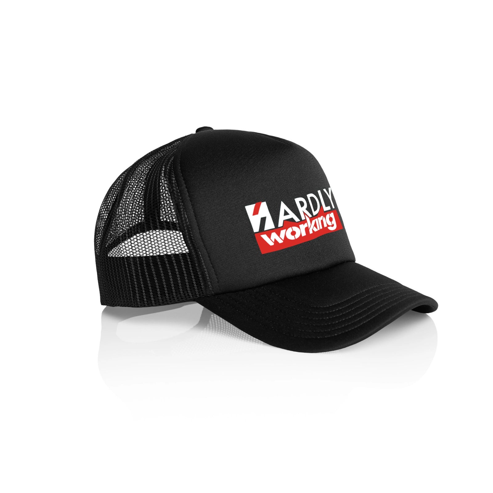 Black trucker cap with Hardly Working Hat graphic by Lonely Kids Club