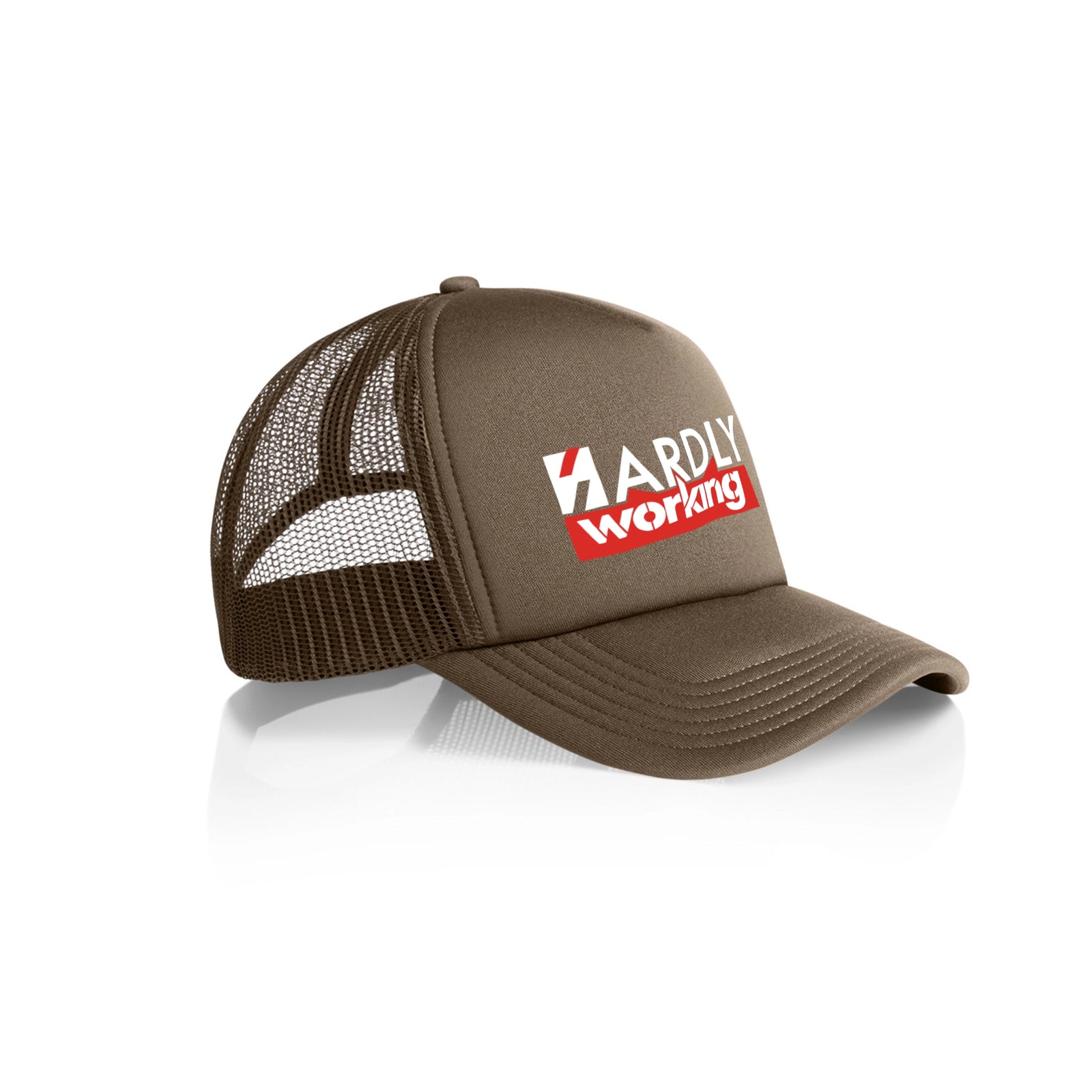 Walnut trucker cap with Hardly Working Hat graphic by Lonely Kids Club