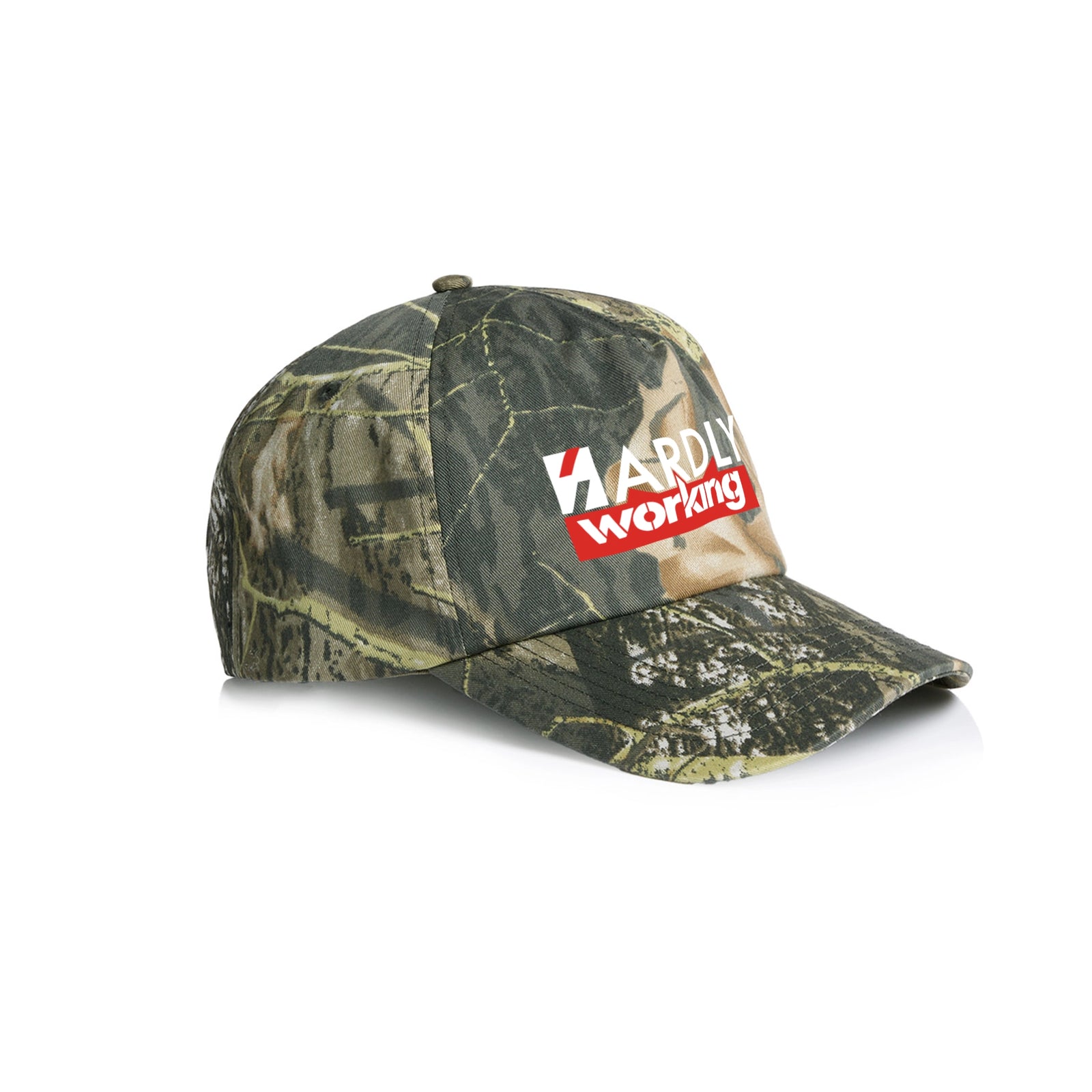 Camouflage trucker cap with Hardly Working Hat graphic by Lonely Kids Club