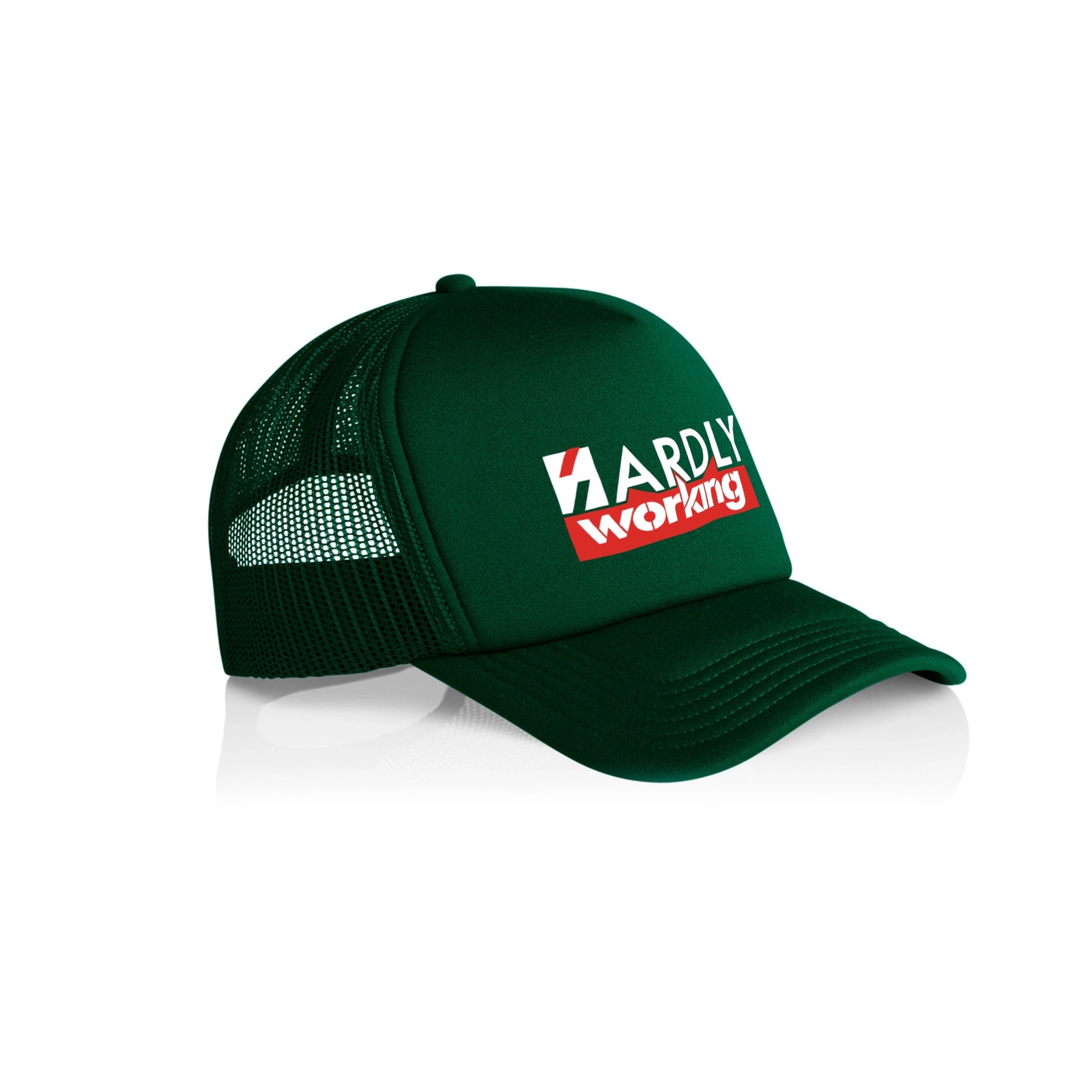 Forest Green trucker cap with Hardly Working Hat graphic by Lonely Kids Club