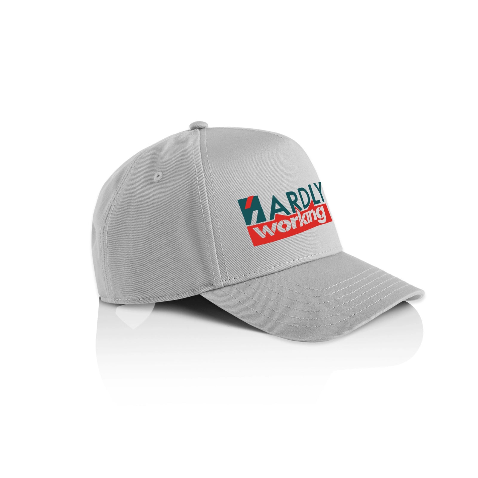 Grey trucker cap with Hardly Working Hat graphic by Lonely Kids Club
