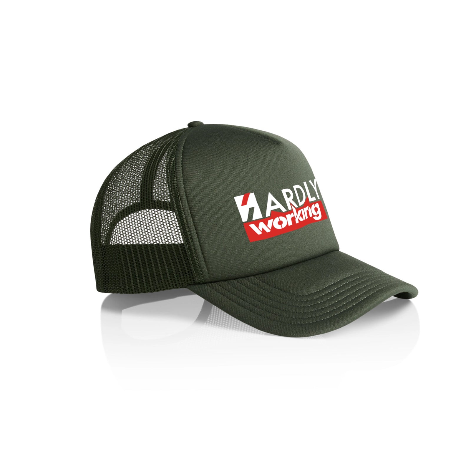 Army trucker cap with Hardly Working Hat graphic by Lonely Kids Club