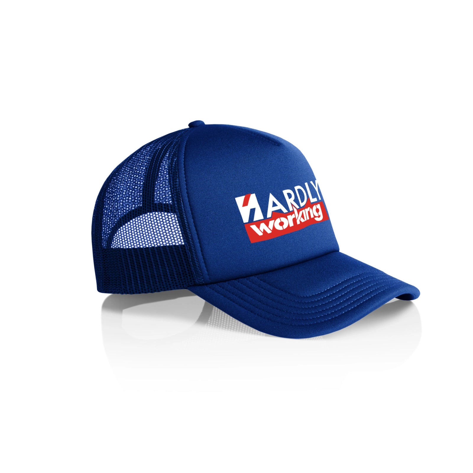 Royal Blue trucker cap with Hardly Working Hat graphic by Lonely Kids Club