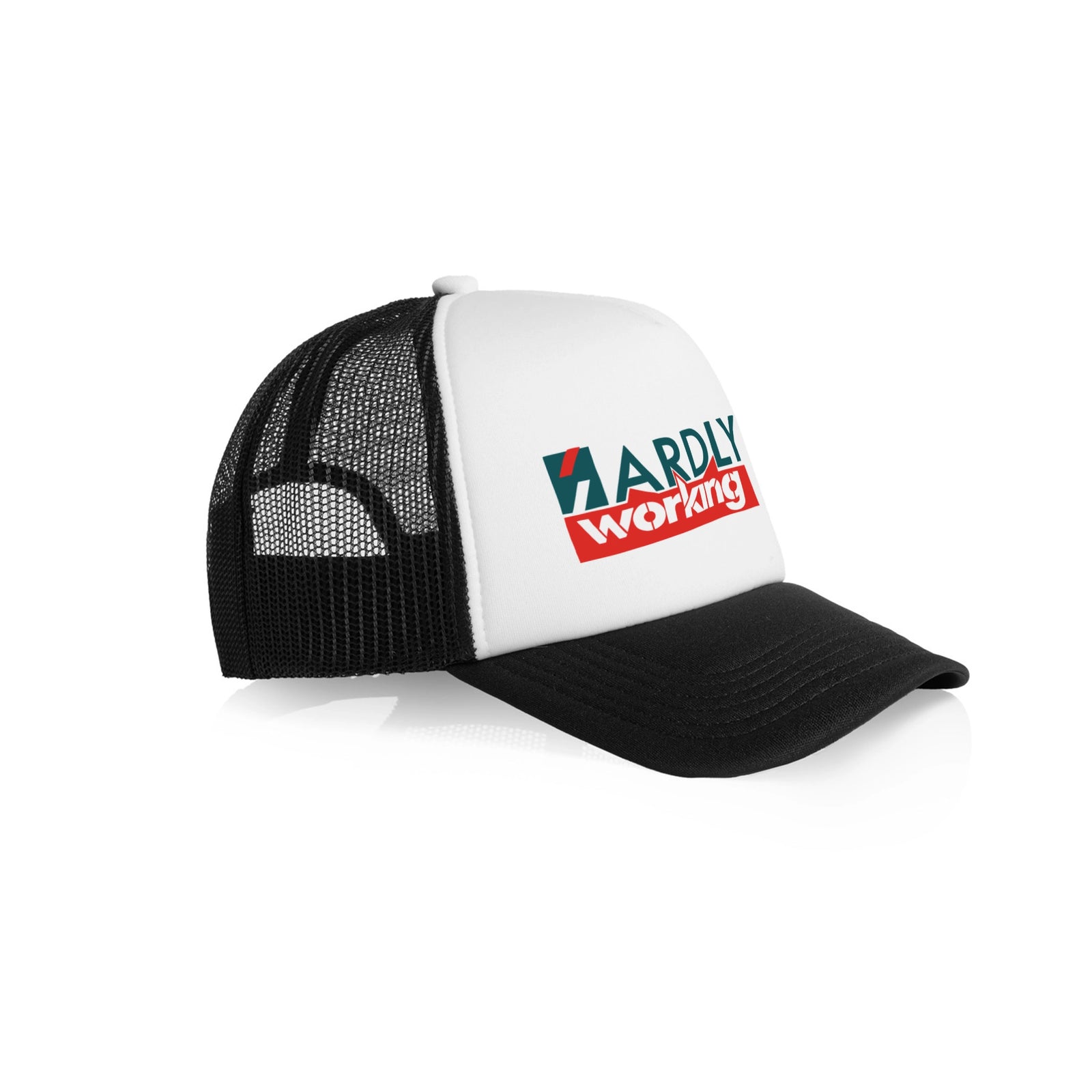 Black/White Contrast trucker cap with Hardly Working Hat graphic by Lonely Kids Club