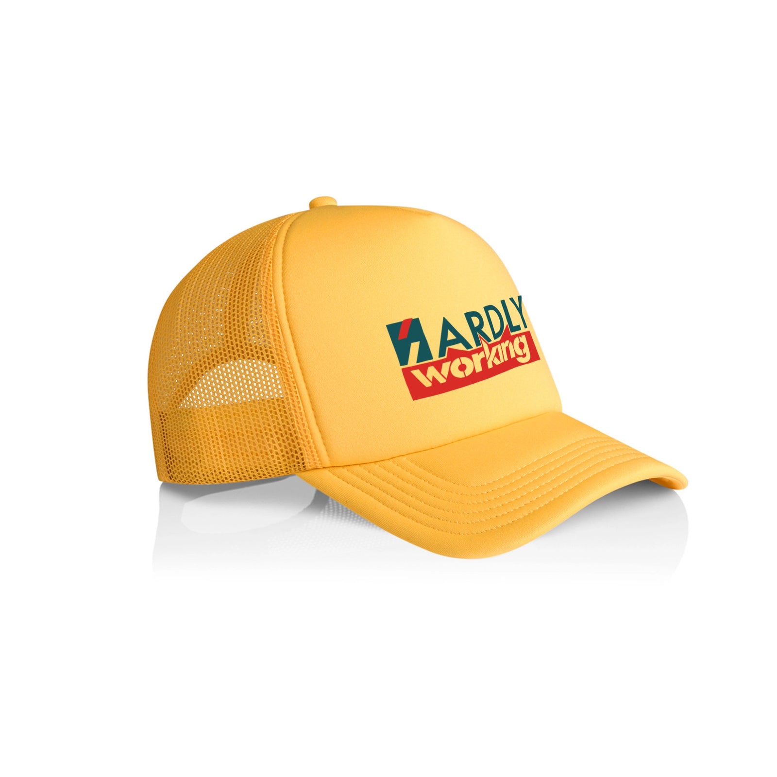 Yellow trucker cap with Hardly Working Hat graphic by Lonely Kids Club